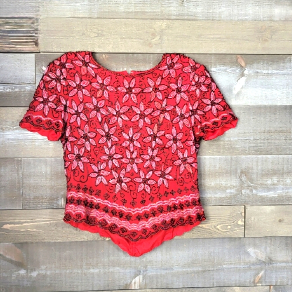 Adrianna Papell Boutique Beaded Crew Neckline High Low Top